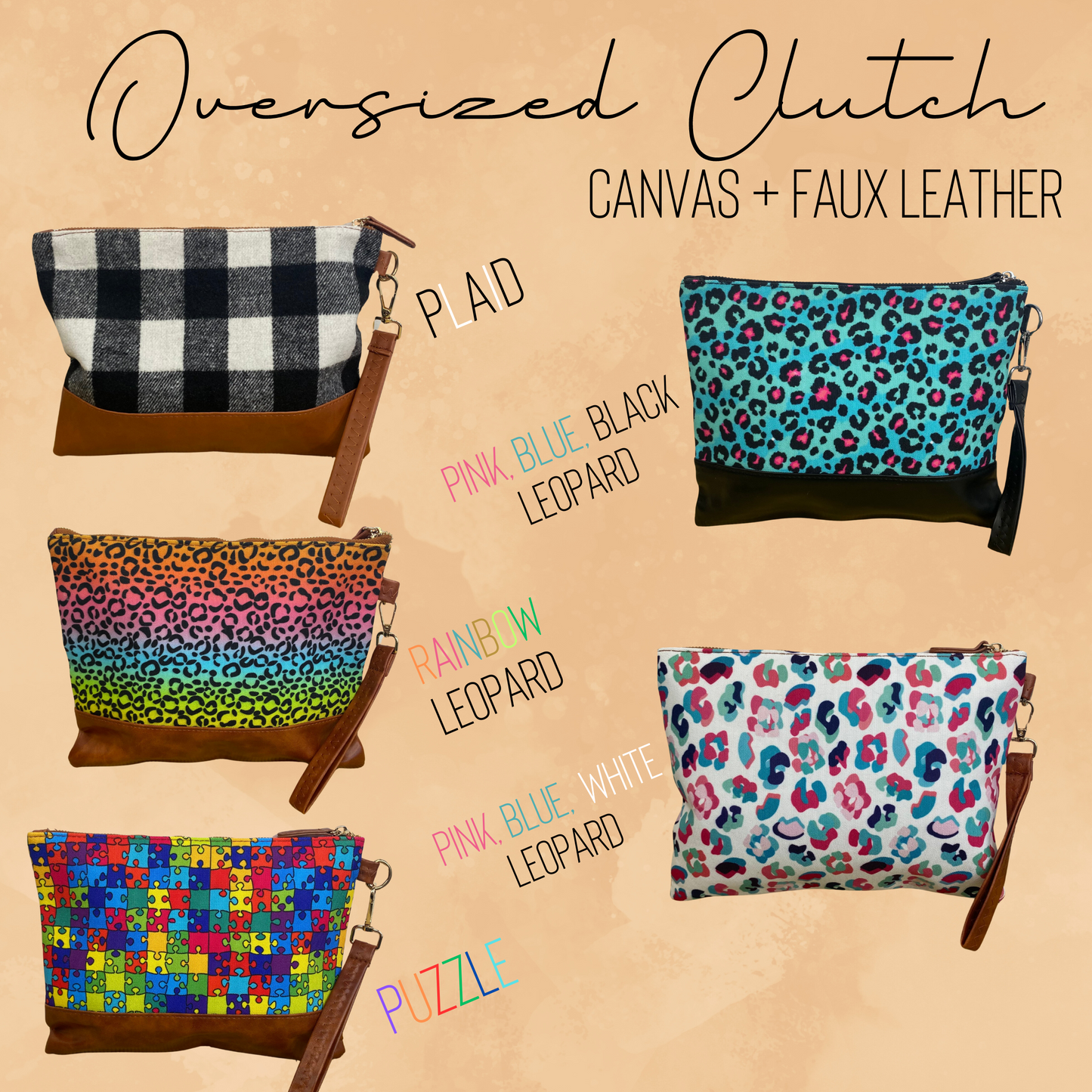 Clutch - Oversized Canvas & Faux Leather - Puzzle