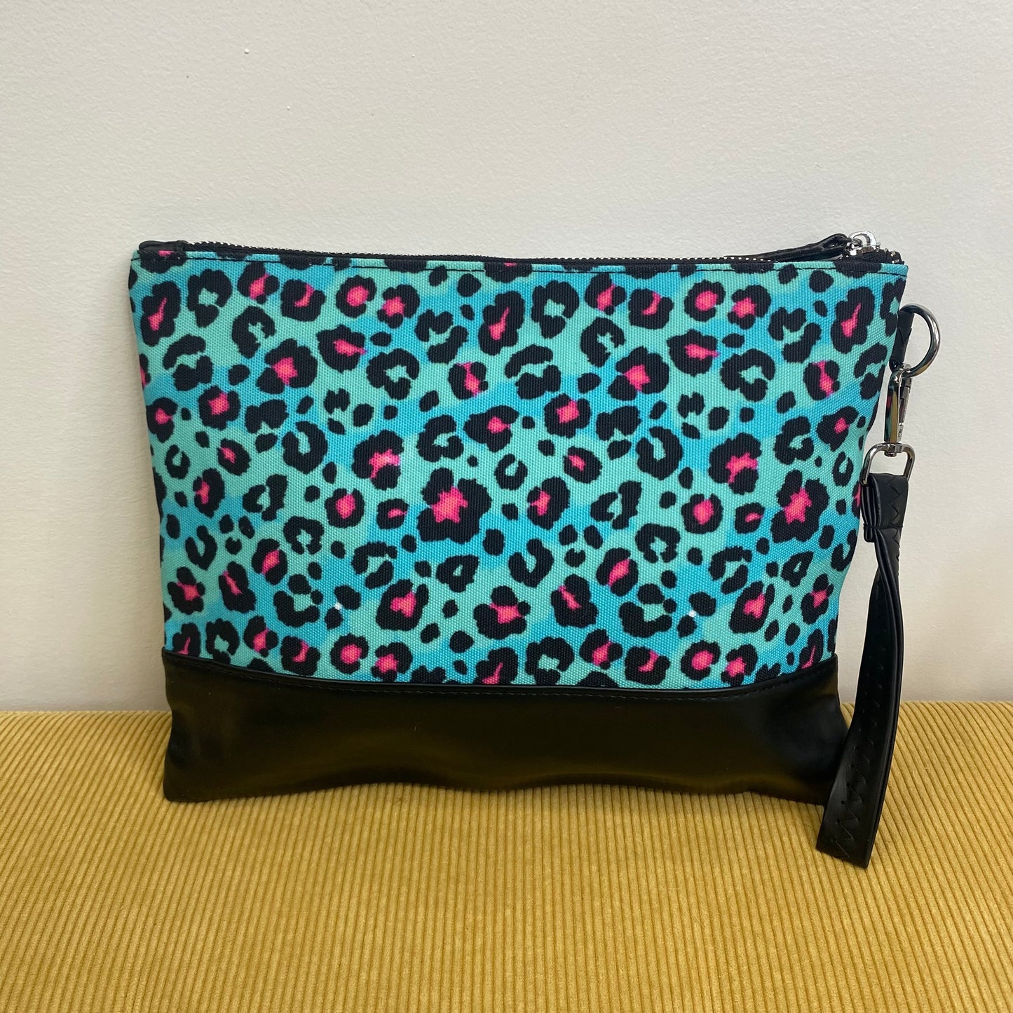 Clutch - Oversized Canvas & Faux Leather - Pink Blue Black Leopard