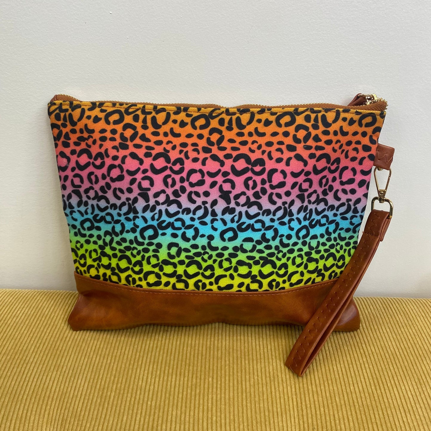 Clutch - Oversized Canvas & Faux Leather with Wrist Loop - Rainbow Leopard