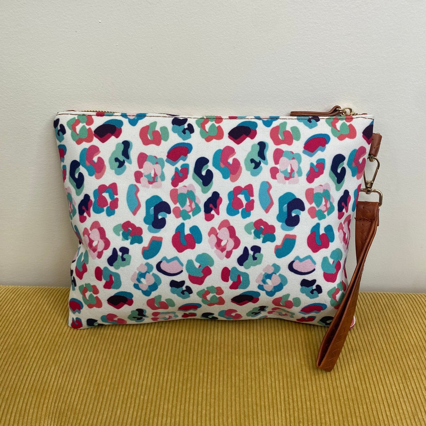 Clutch - Oversized Canvas & Faux Leather - Pink Blue Black Leopard