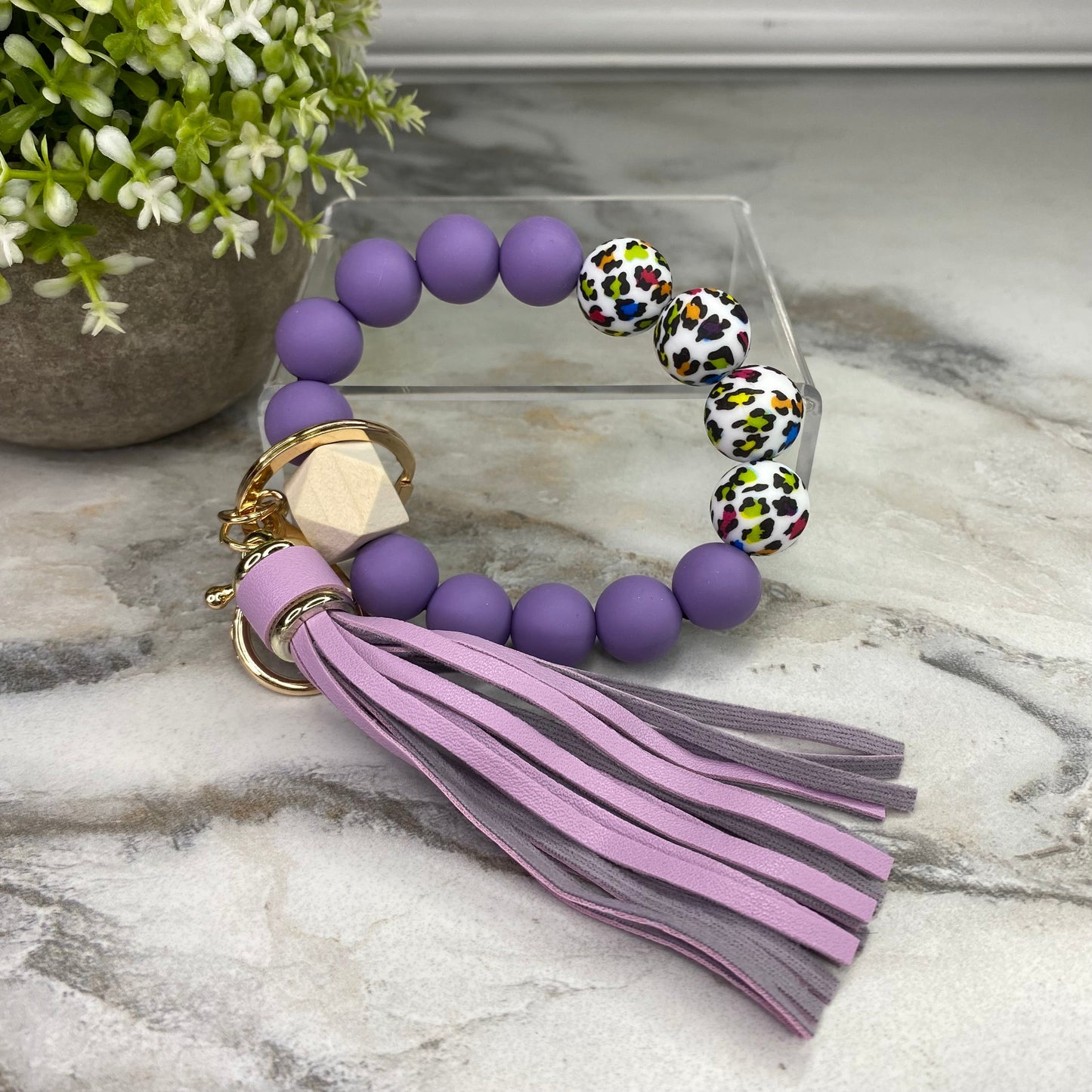 Silicone/Wood Bracelet Keychain - Purple Colorful Animal Print