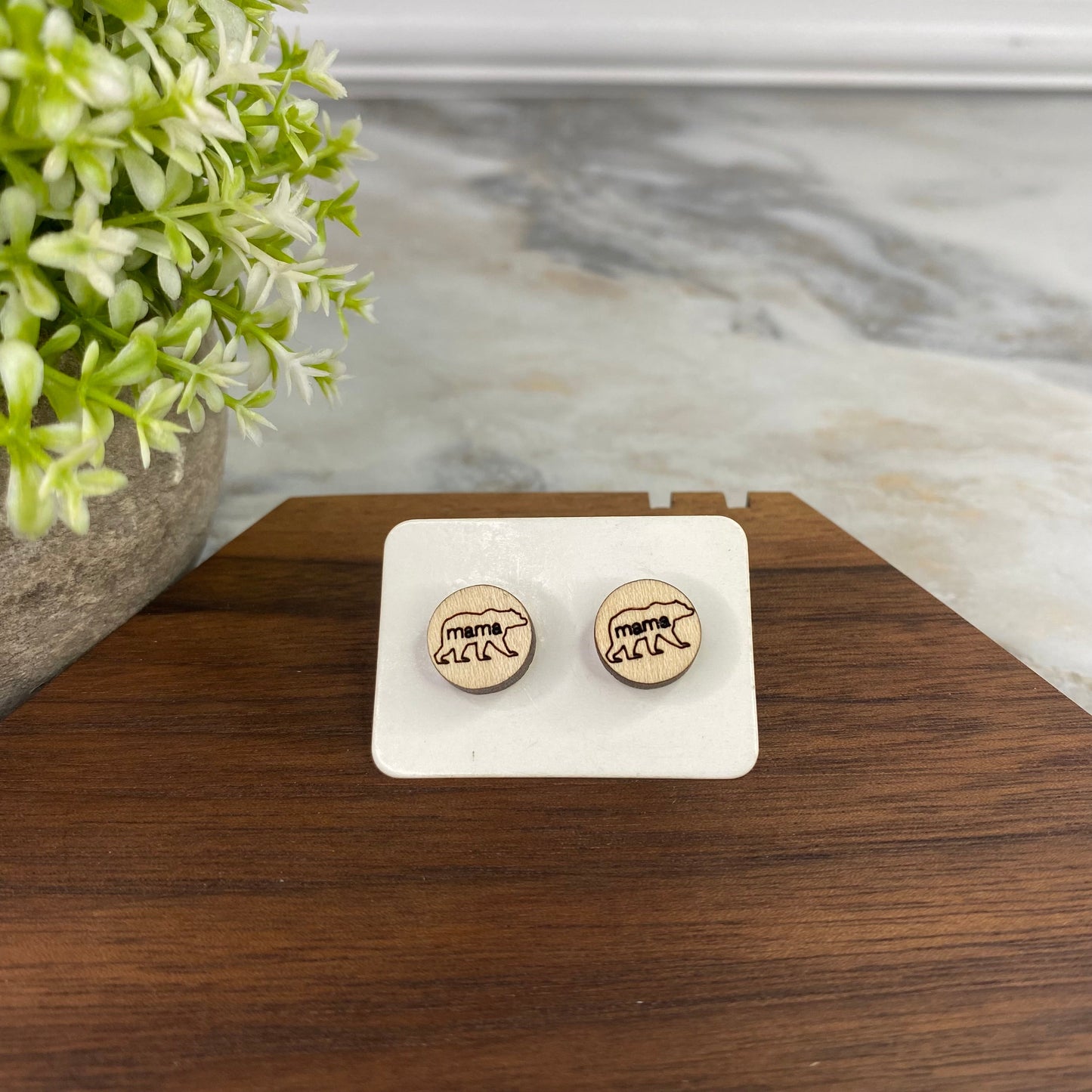 Wooden Stud Earrings - Mama Bear Round