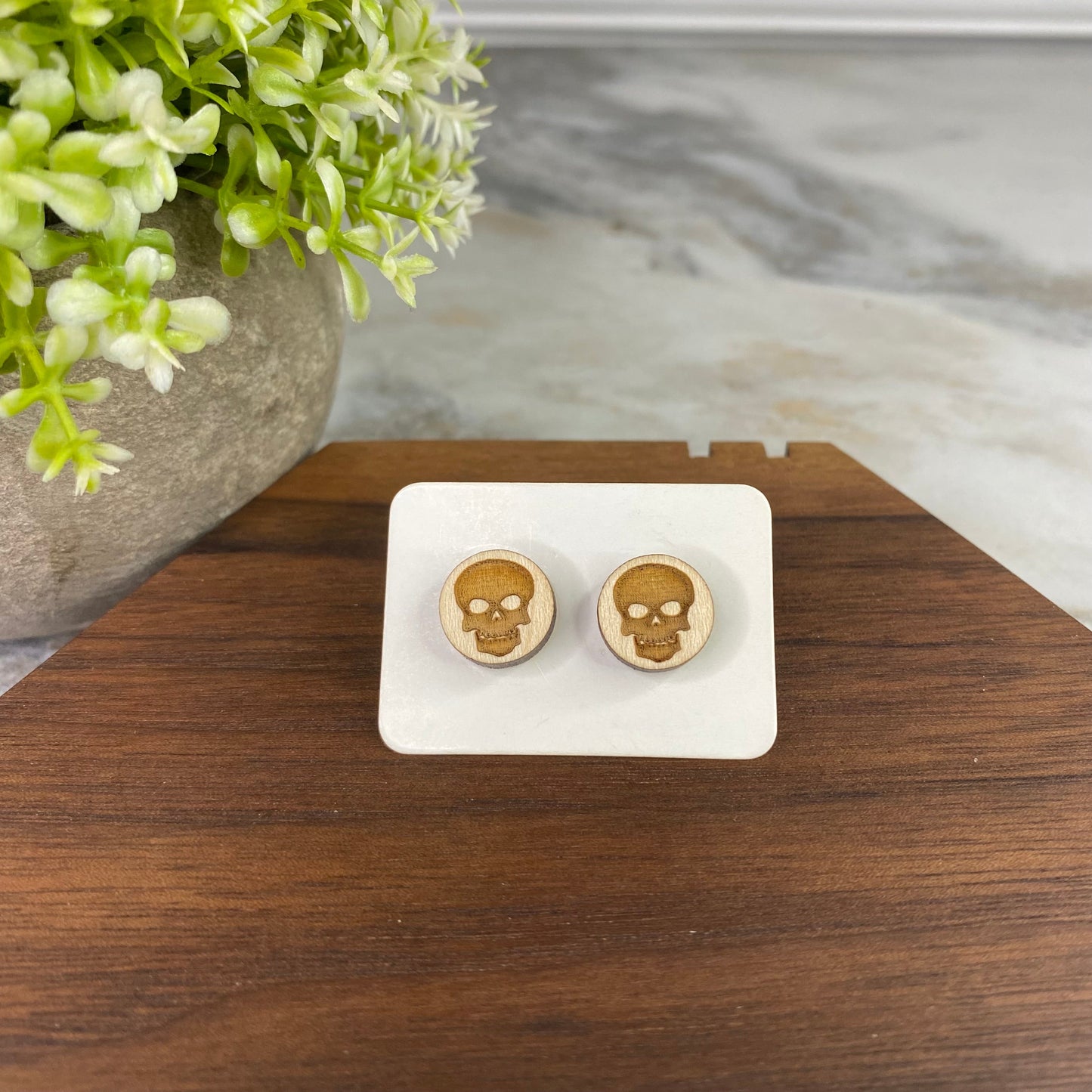 Wooden Stud Earrings - Skull Round