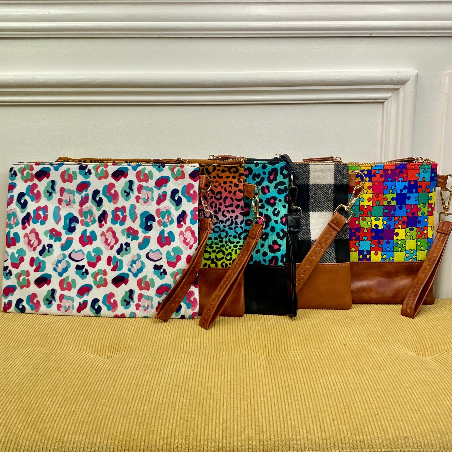 Clutch - Oversized Canvas & Faux Leather - Pink Blue Black Leopard