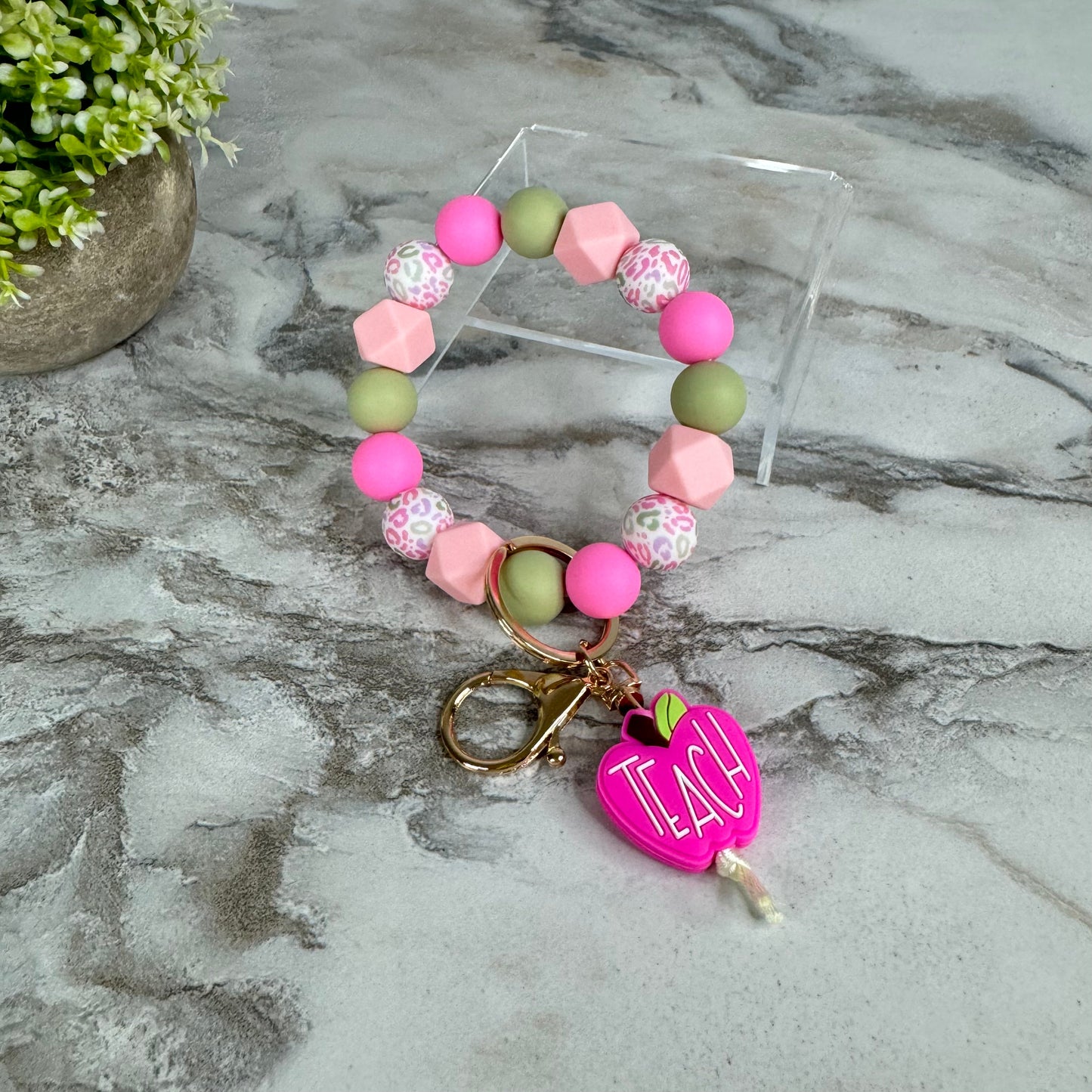 Silicone Bracelet Keychain - Teach, Pink Leopard