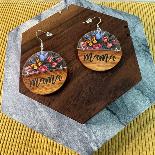 Wood & Acrylic Earrings - Half & Half - Mama Floral Butterfly