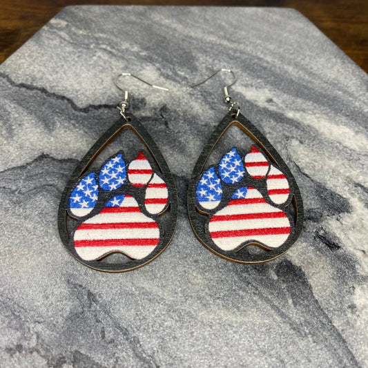 Wooden Teardrop Cutout - American Flag Paw