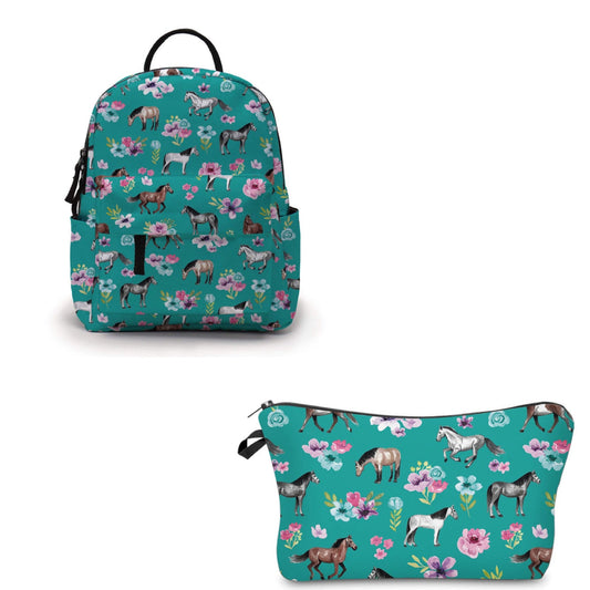 Pouch & Mini Backpack Set - Horse Floral Teal