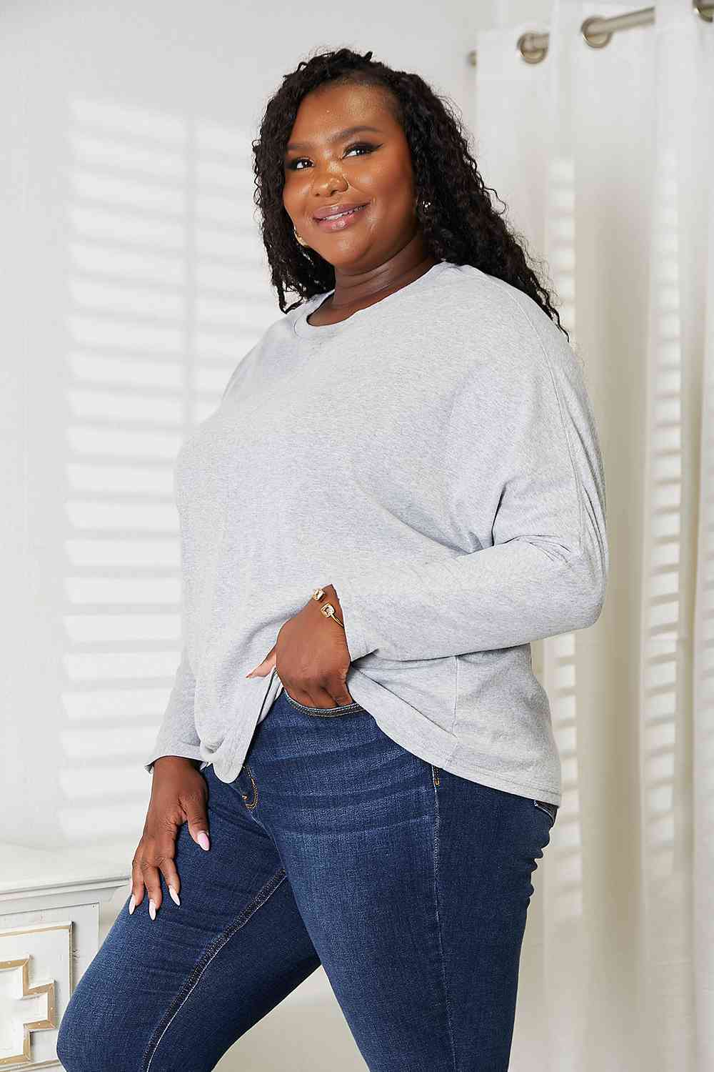 Double Take Seam Detail Round Neck Long Sleeve Top