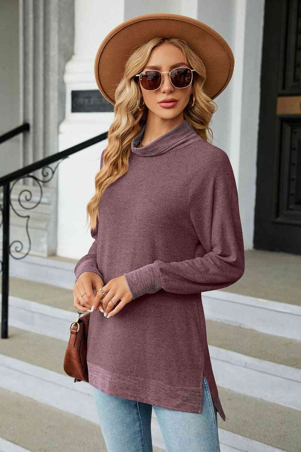 Turtle Neck Long Sleeve Slit Blouse