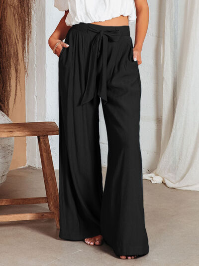 Drawstring Pocketed Wide Leg Pants