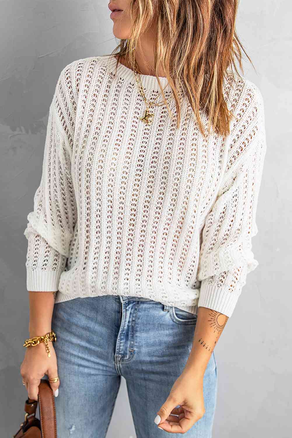 Dropped Shoulder Openwork Sweater