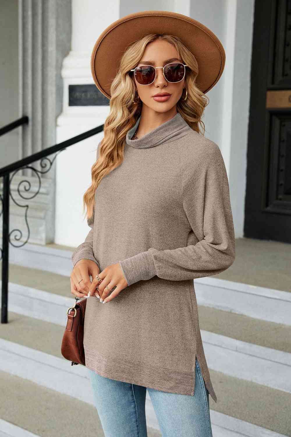 Turtle Neck Long Sleeve Slit Blouse