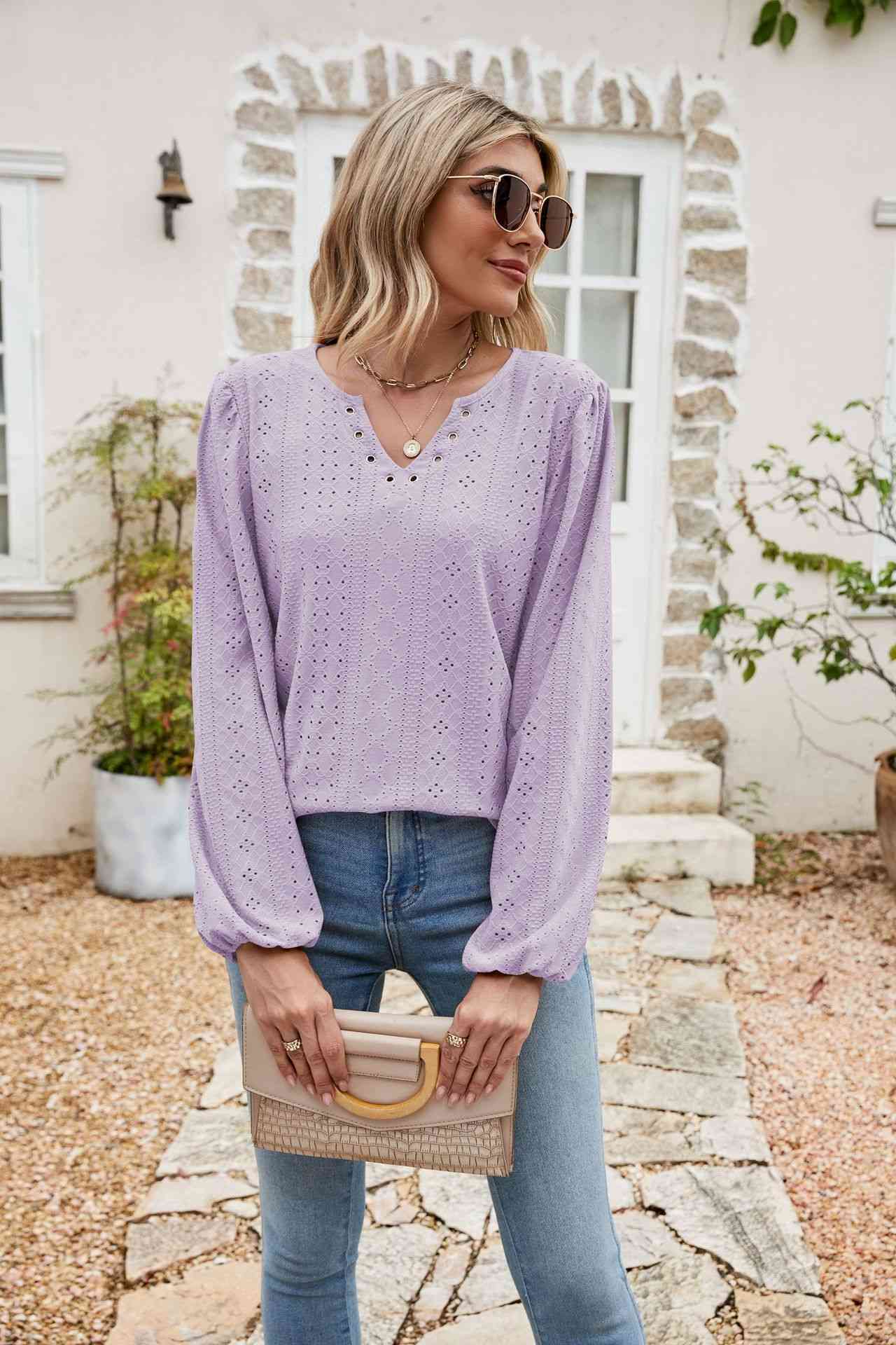 Eyelet Notched Neck Balloon Sleeve Blouse