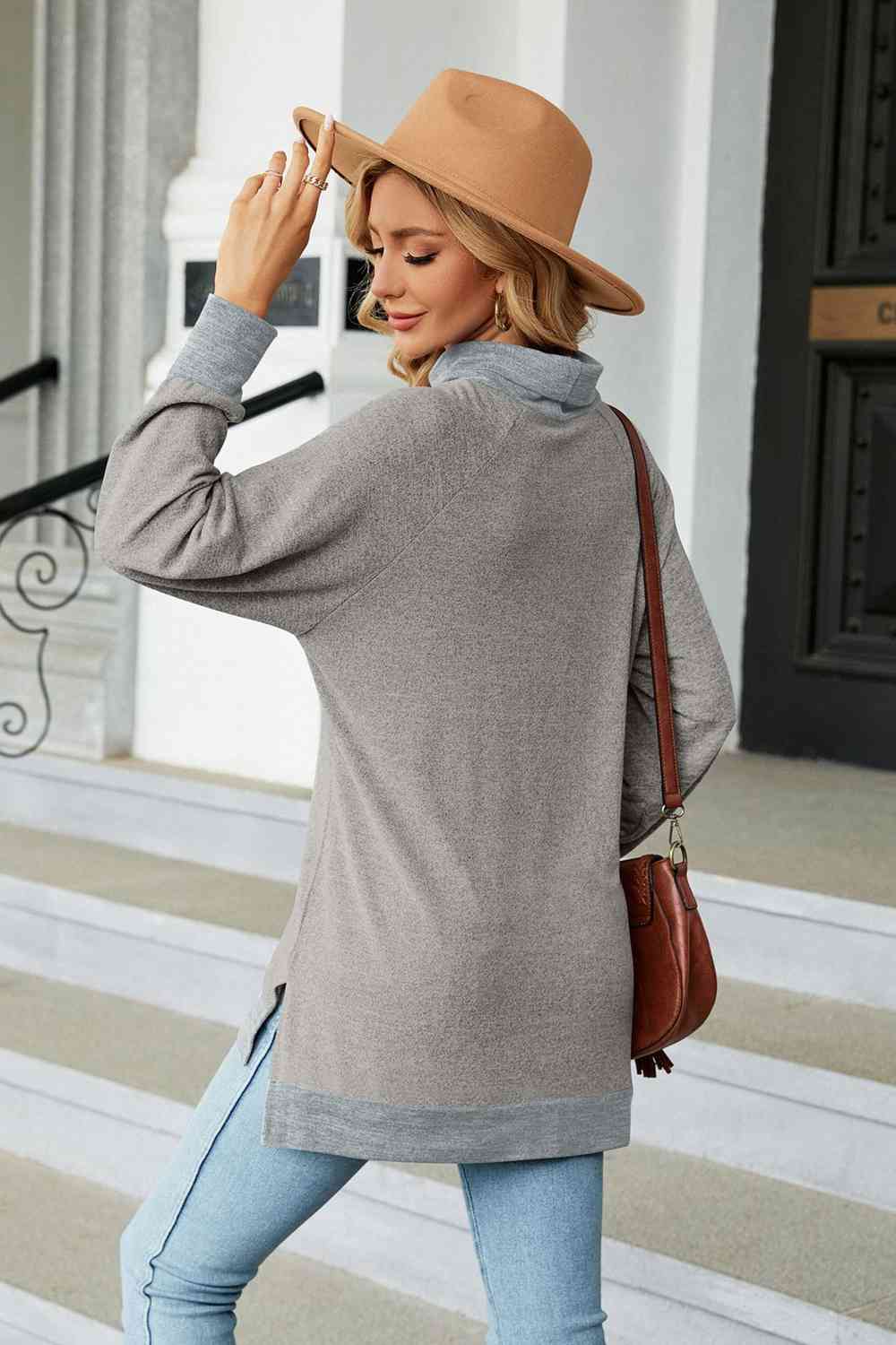 Turtle Neck Long Sleeve Slit Blouse