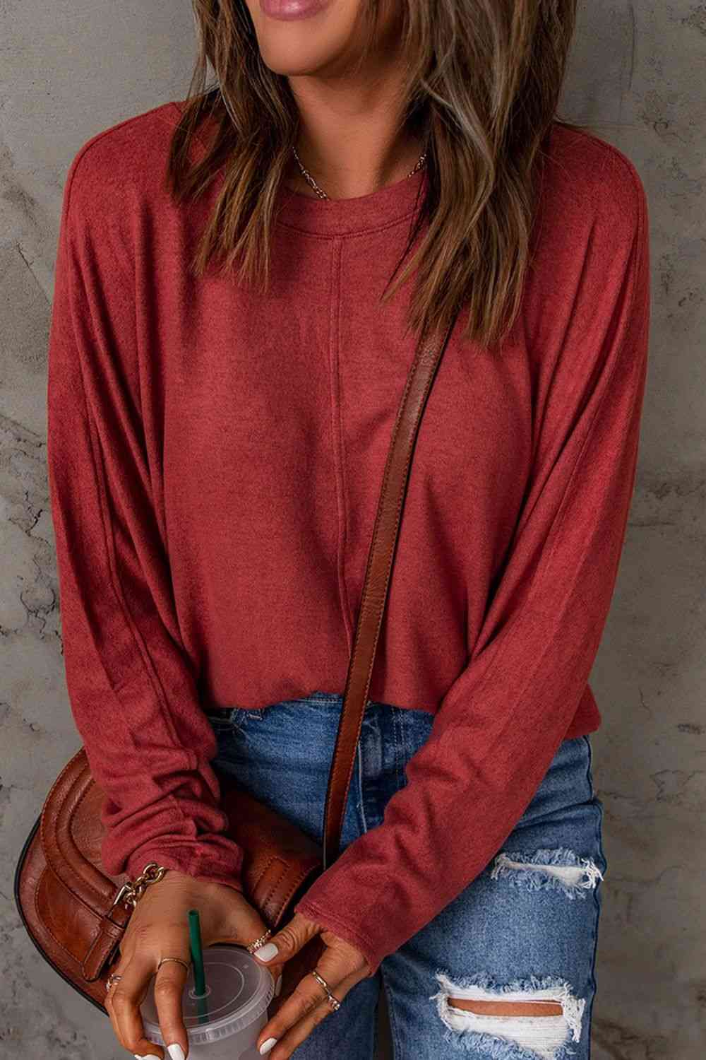 Seam Detail Round Neck Long Sleeve Top