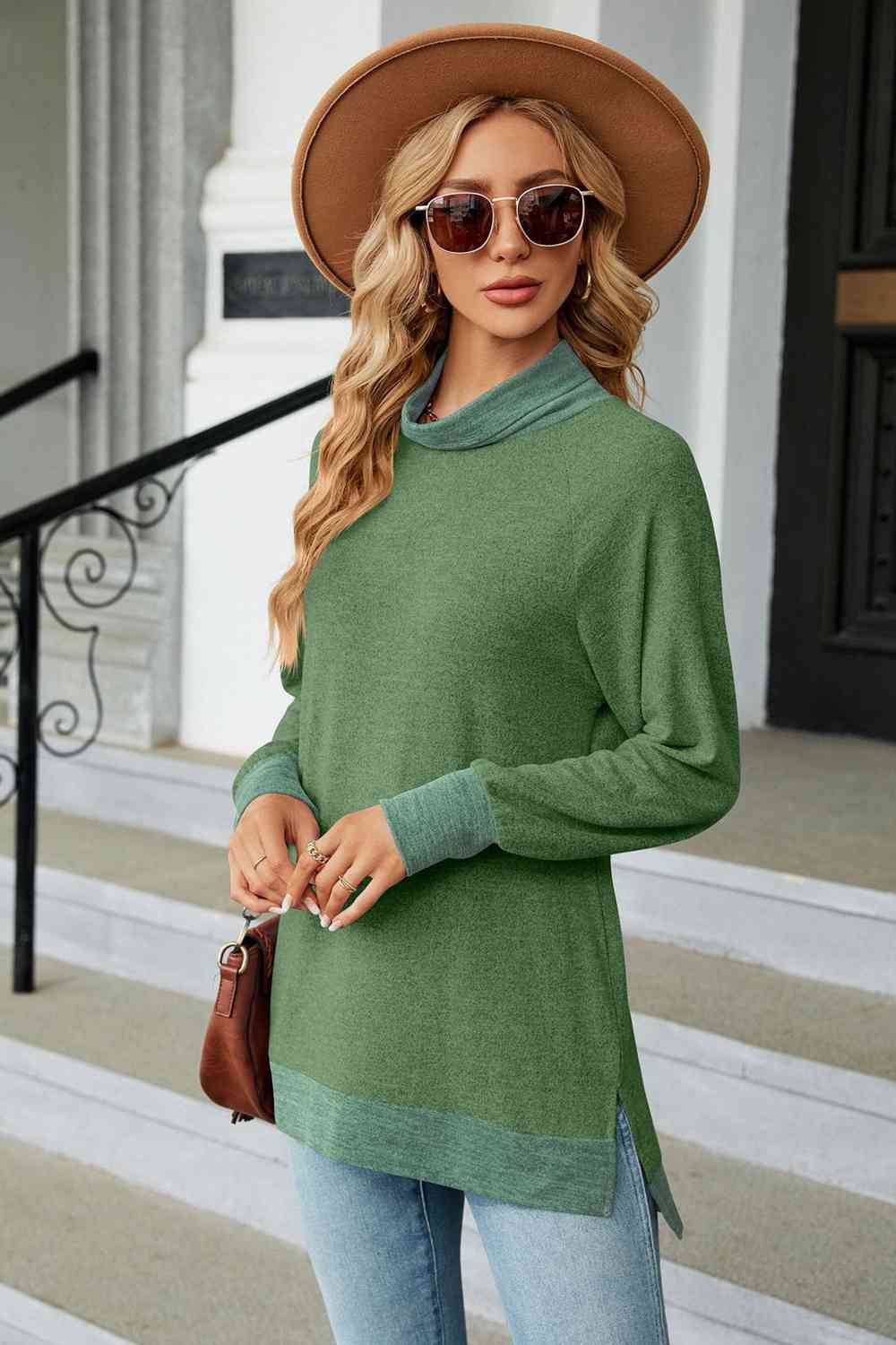 Turtle Neck Long Sleeve Slit Blouse