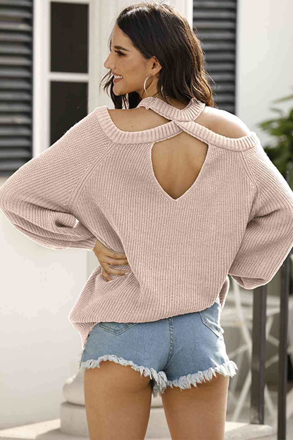 Ribbed Long Sleeve Cold Shoulder Knit Top