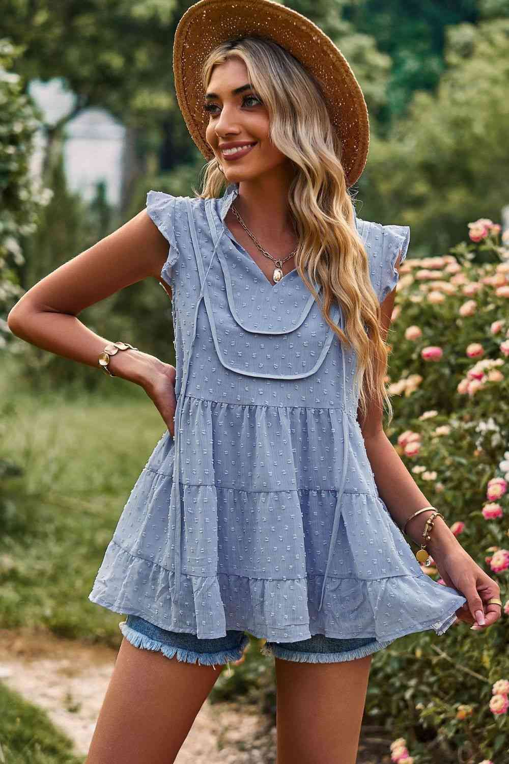 Swiss Dot Ruffle Shoulder Tiered Top