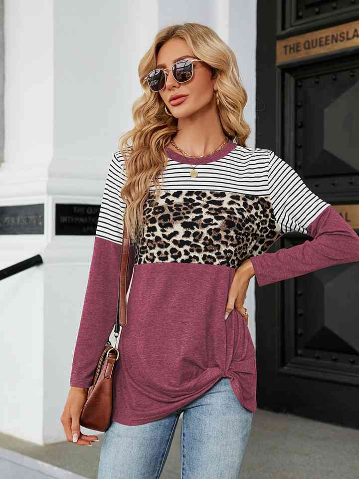 Color Block Round Neck Long Sleeve Blouse