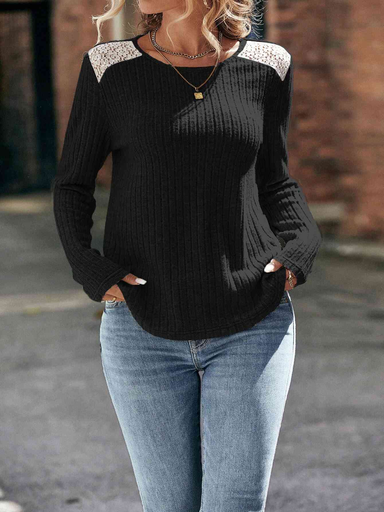 Round Neck Ribbed Long Sleeve T-Shirt