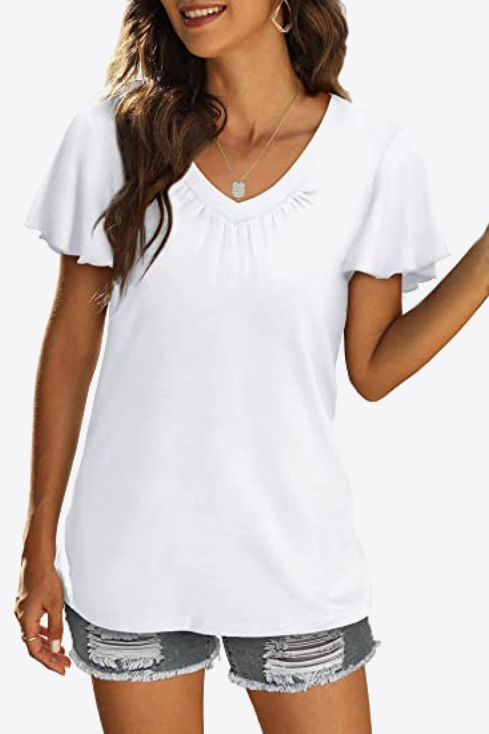 V-Neck Flutter Sleeve Tee Shirt