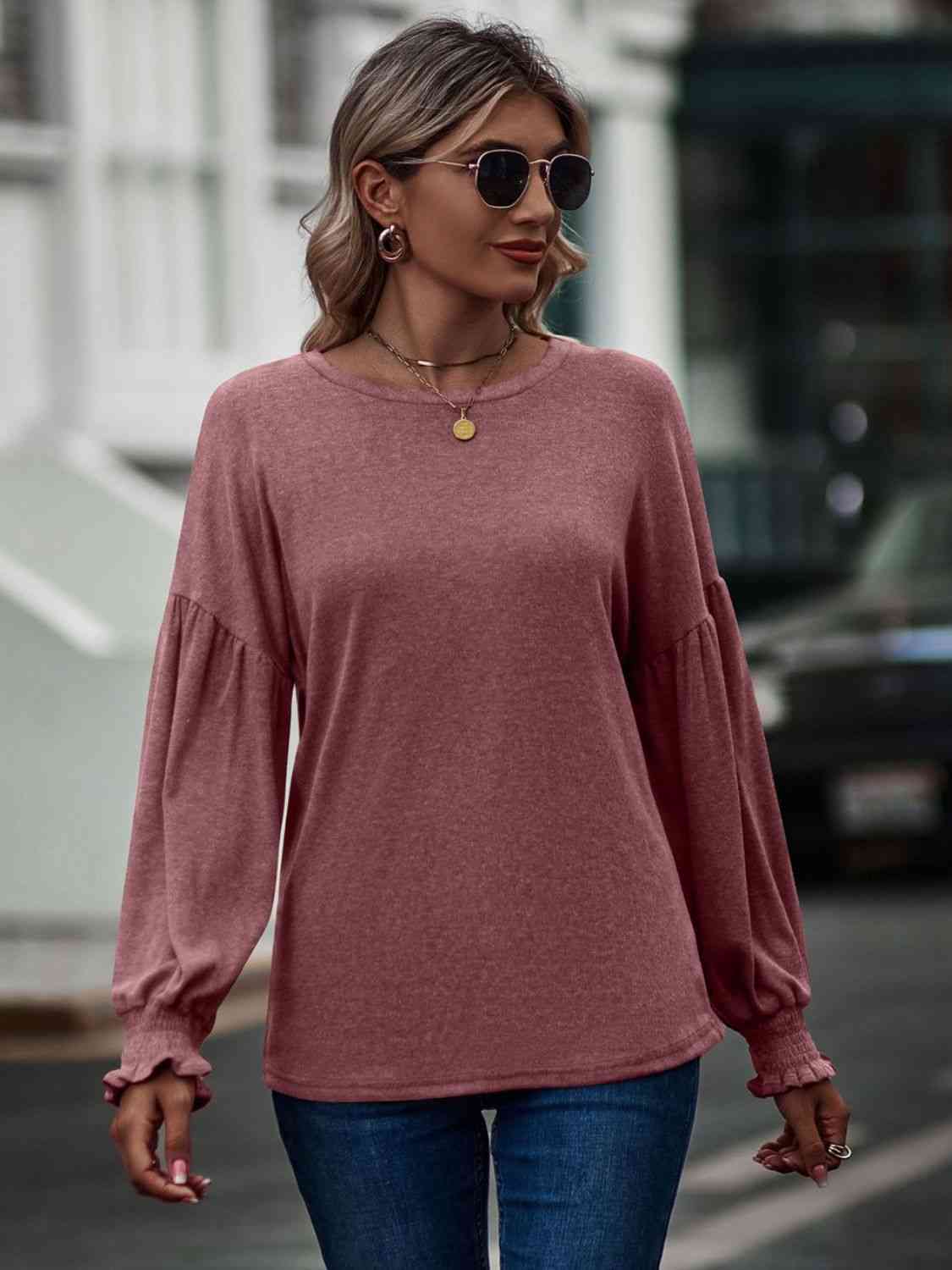 Round Neck Dropped Shoulder Flounce Sleeve T-Shirt