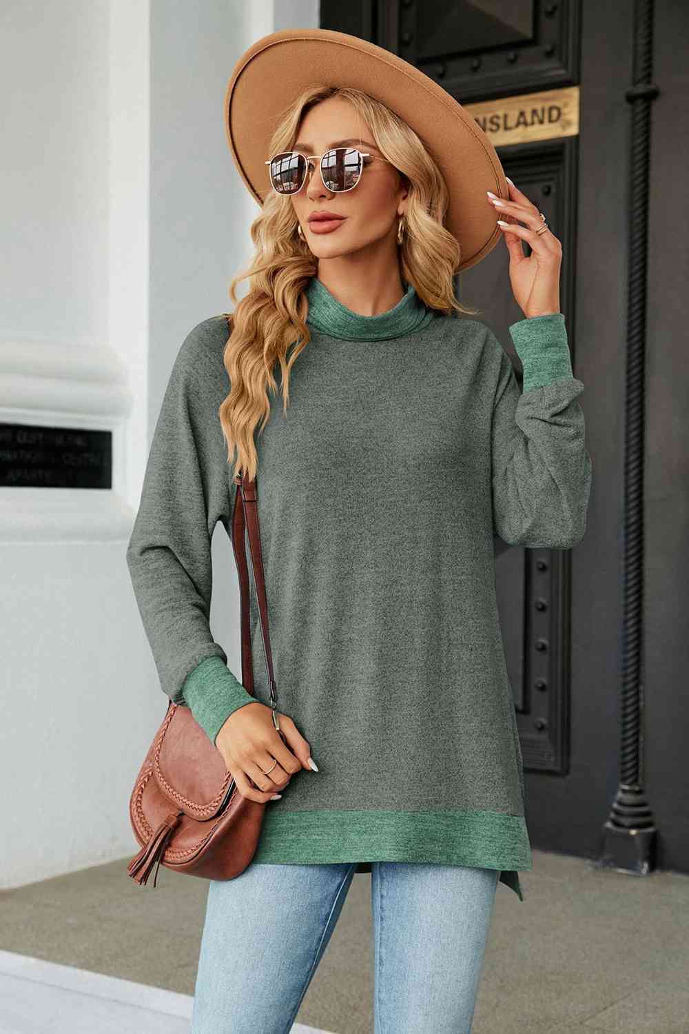 Turtle Neck Long Sleeve Slit Blouse