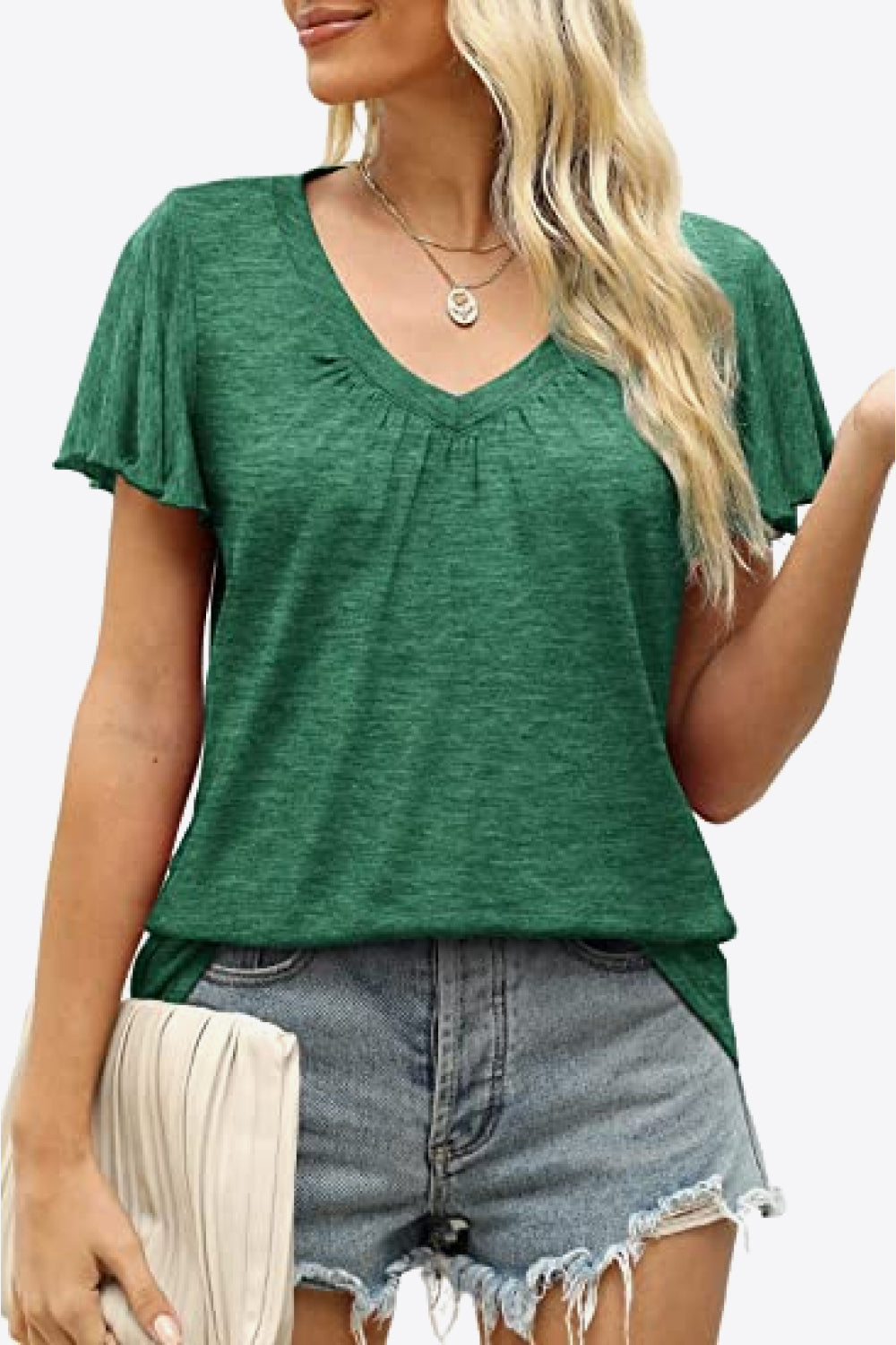 V-Neck Flutter Sleeve Tee Shirt