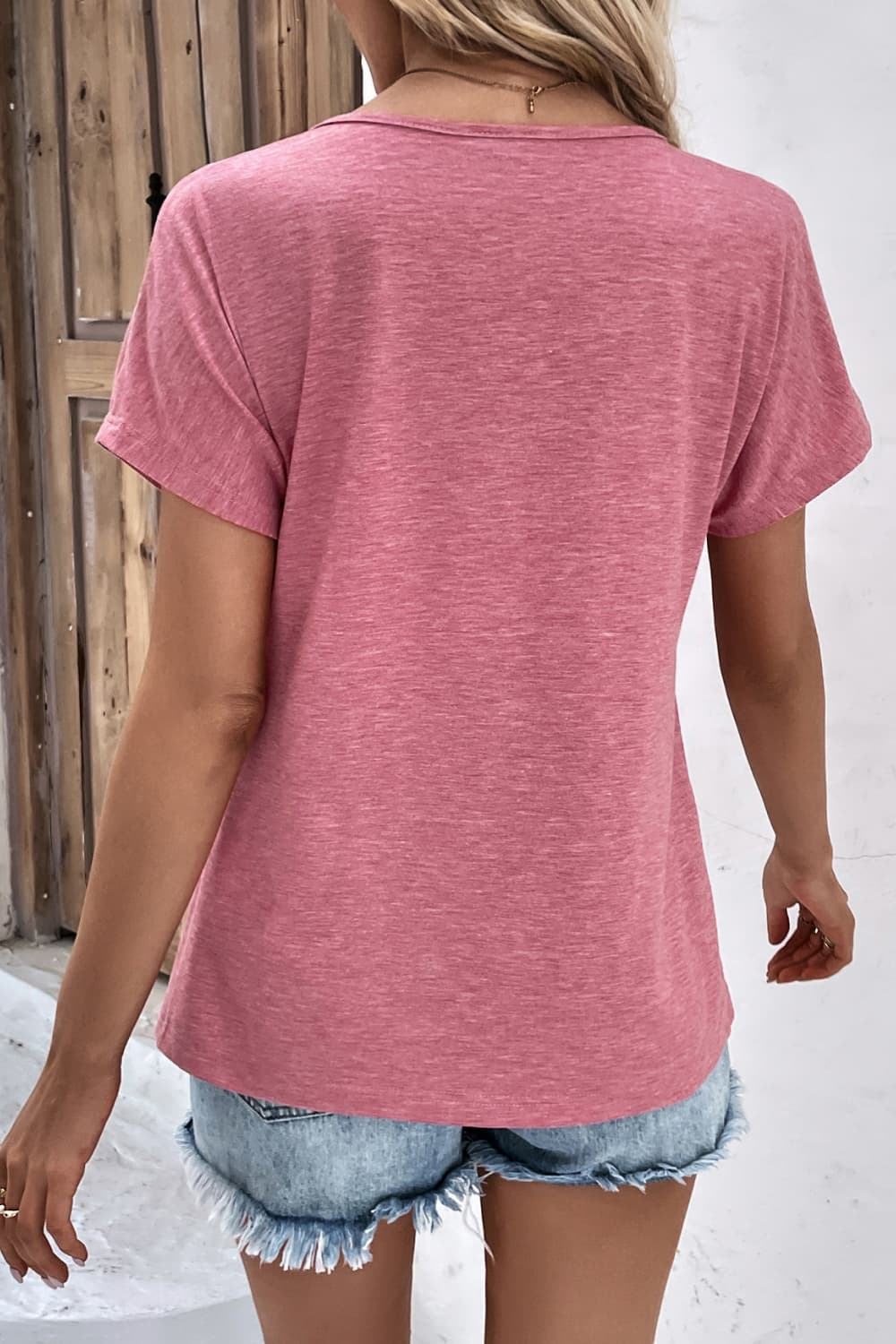 Decorative Button V-Neck Short Sleeve Tee