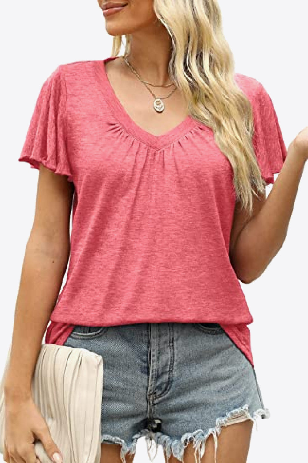 V-Neck Flutter Sleeve Tee Shirt