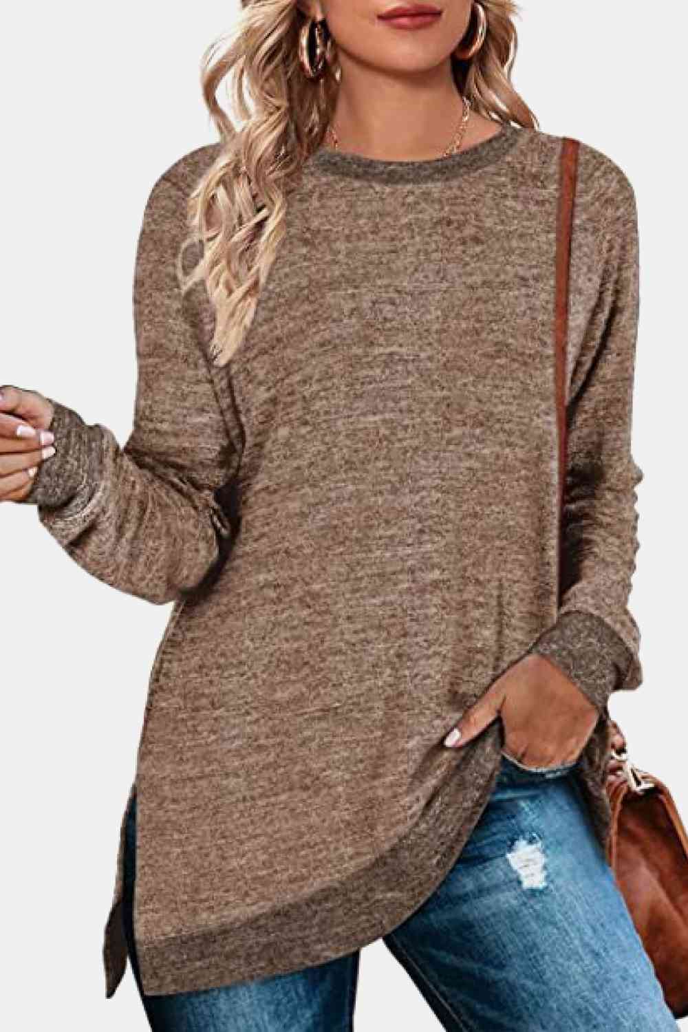 Round Neck Long Sleeve Slit T-Shirt